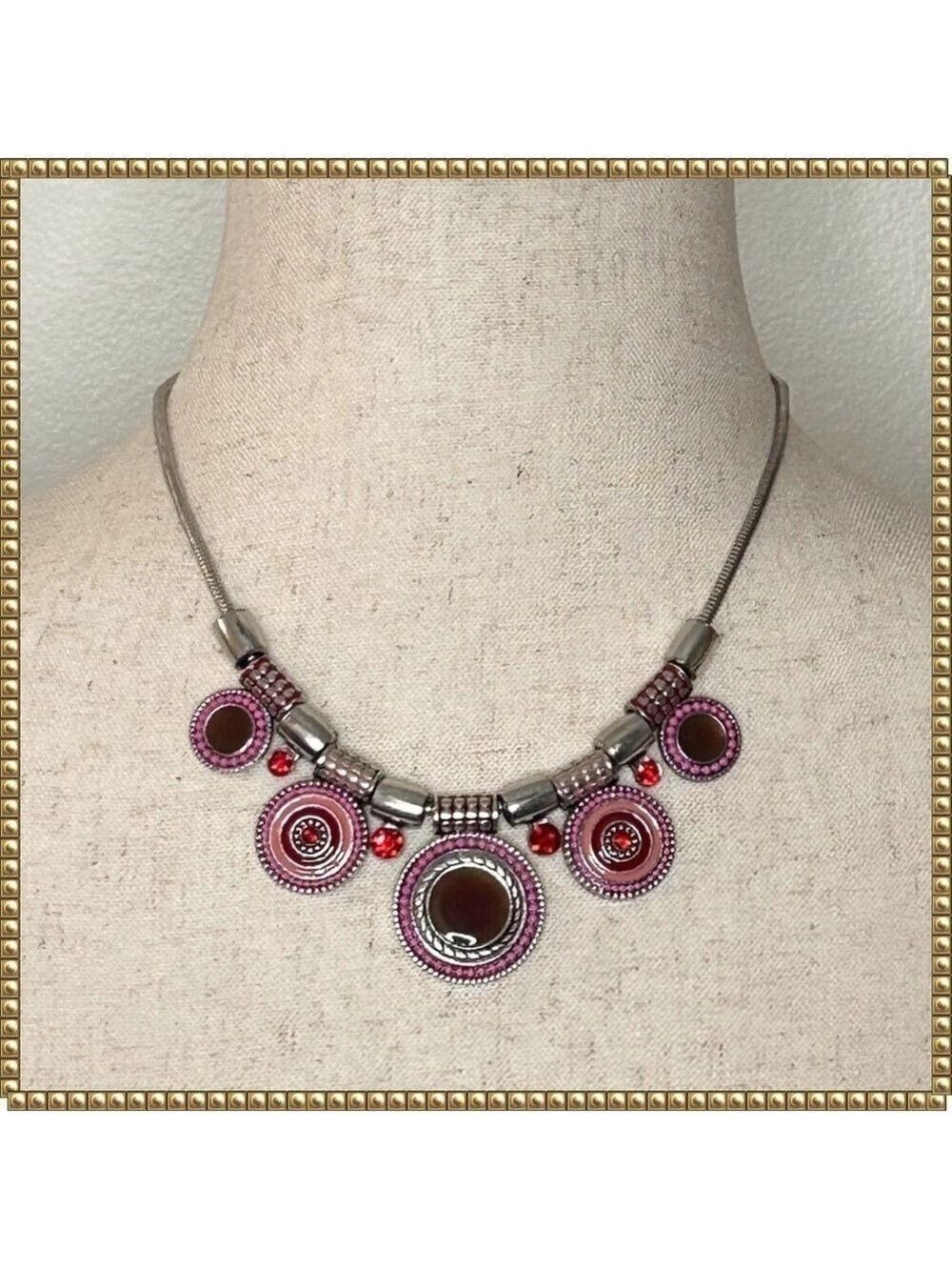 Silver Tone Crystal Enamel Pendant Necklace